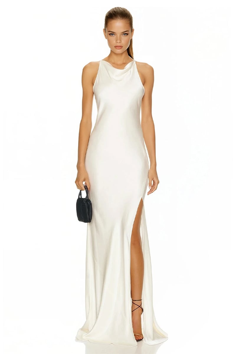 Lauren Ivory Satin Maxi Dress | Jewelclues