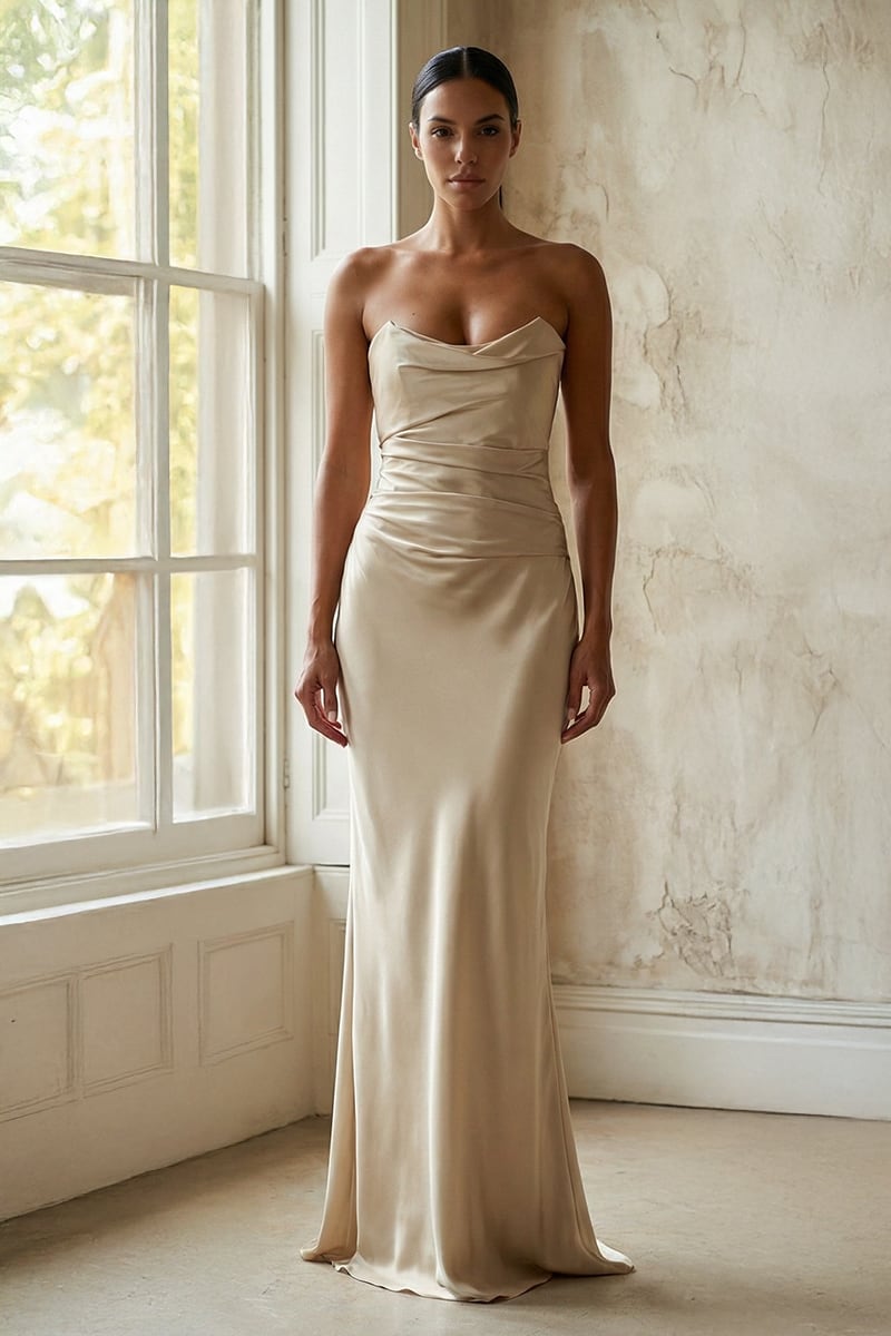 Layalina Strapless Satin Gown | JewelClues #color_champagne