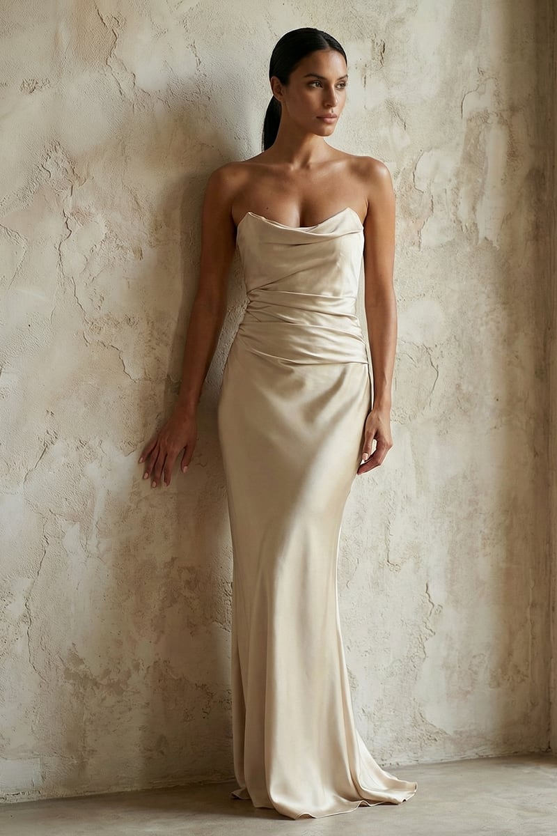 Layalina Strapless Satin Gown | JewelClues #color_champagne