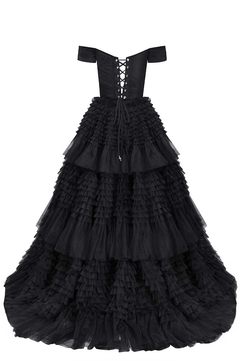Love You So Off-The-Shoulder Frill-Layered Maxi Dress | Jewelclues | #color_black