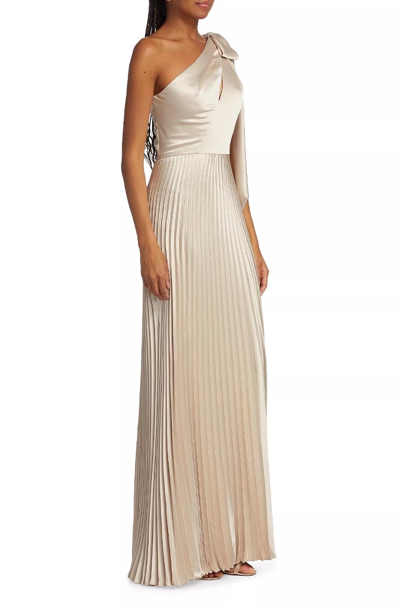 Lovely Evenings One-Shoulder Pleated Maxi Dress | Jewelclues #color_champagne