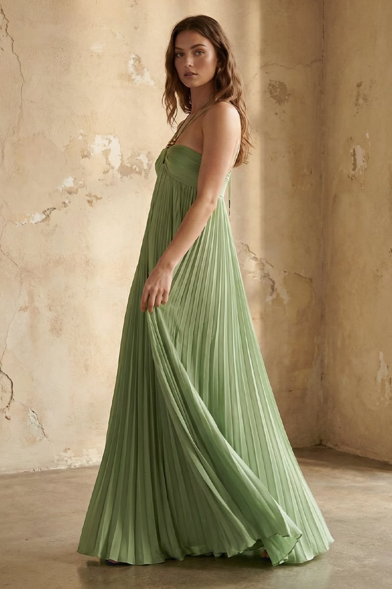 Lucie Pleated Halter Maxi Gown | JewelClues