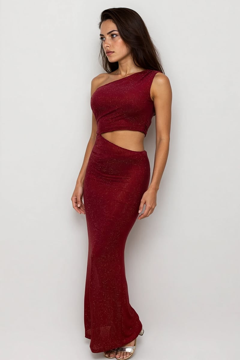 Lyra One-Shoulder Rhinestone Gown | Jewelclues #color_burgundy