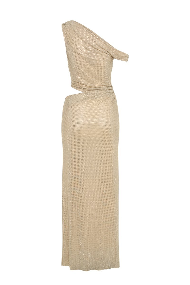 Lyra One-Shoulder Rhinestone Gown | Jewelclues #color_champagne