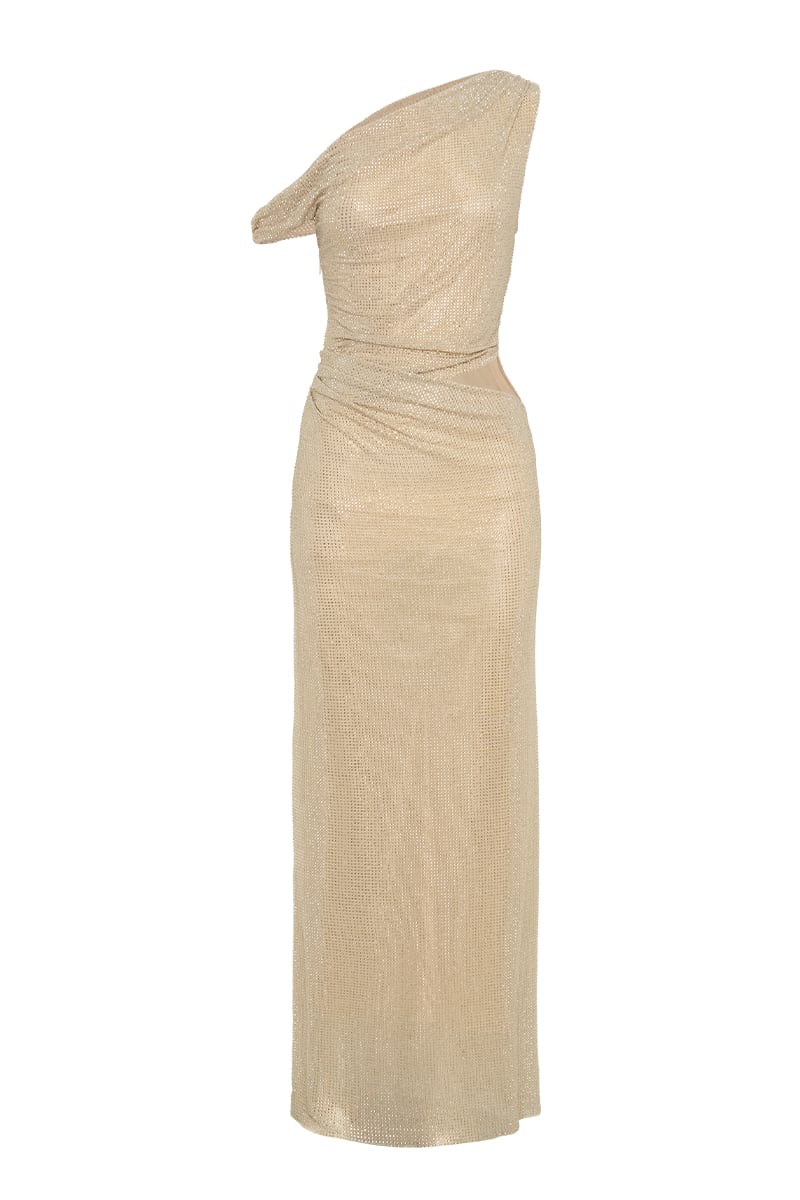Lyra One-Shoulder Rhinestone Gown | Jewelclues #color_champagne