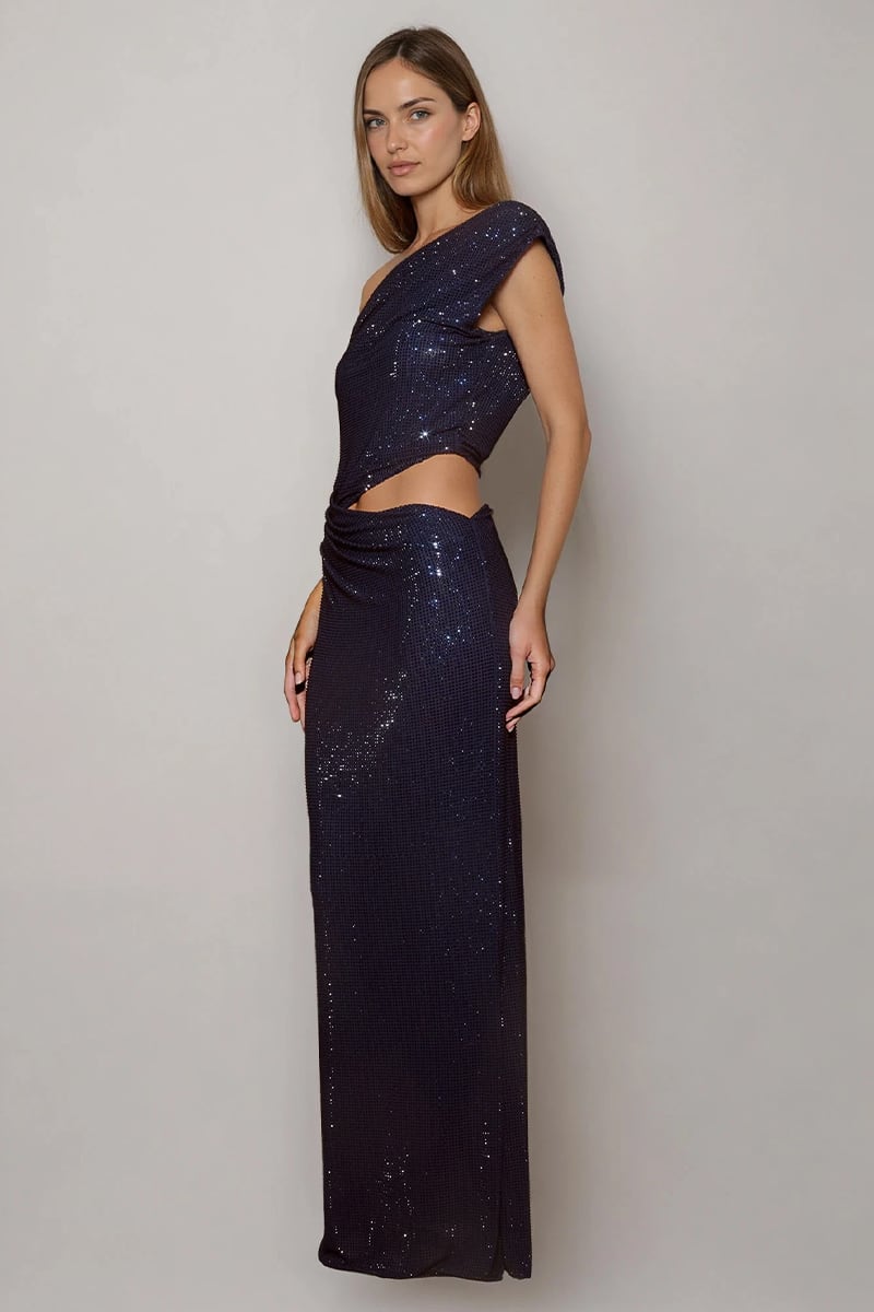 Lyra One-Shoulder Rhinestone Gown | Jewelclues #color_navy blue