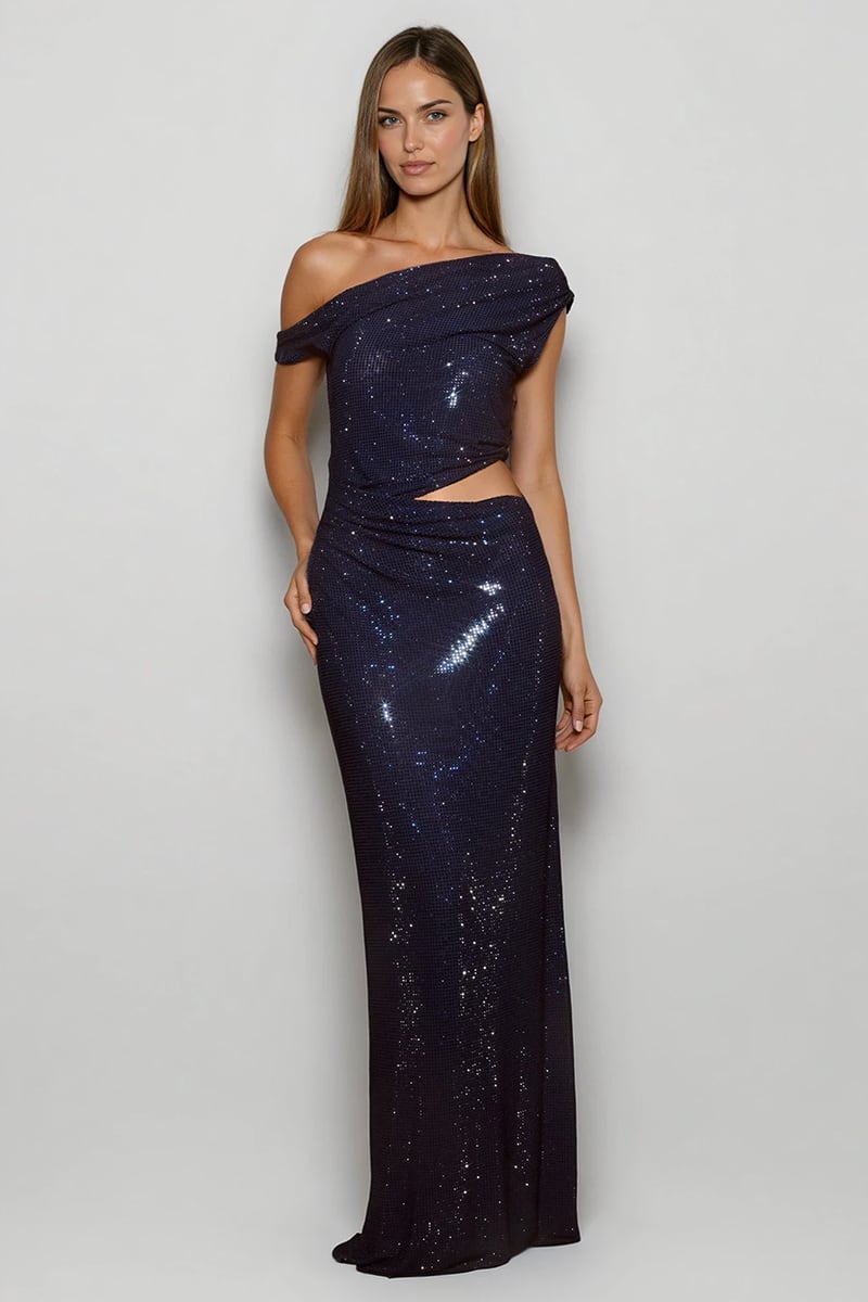 Lyra One-Shoulder Rhinestone Gown | Jewelclues #color_navy blue