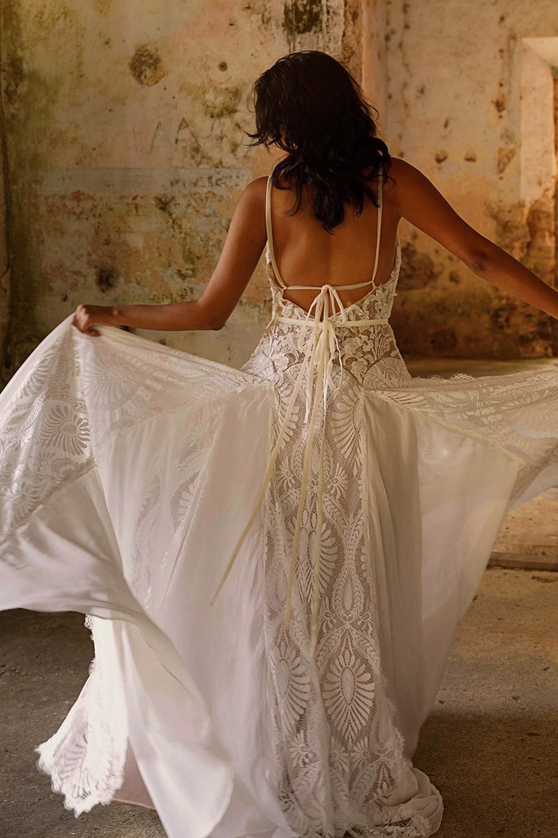 Meadow Backless Boho Lace A-line Wedding Dress | Jewelclues