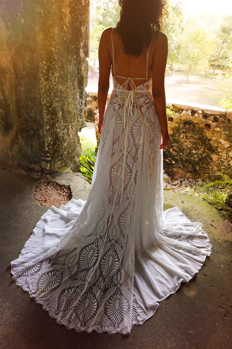 Meadow Backless Boho Lace A-line Wedding Dress | Jewelclues