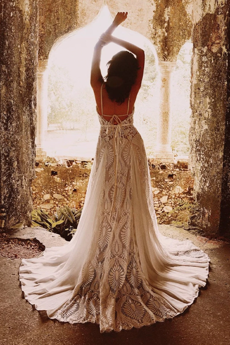 Meadow Backless Boho Lace A-line Wedding Dress | Jewelclues