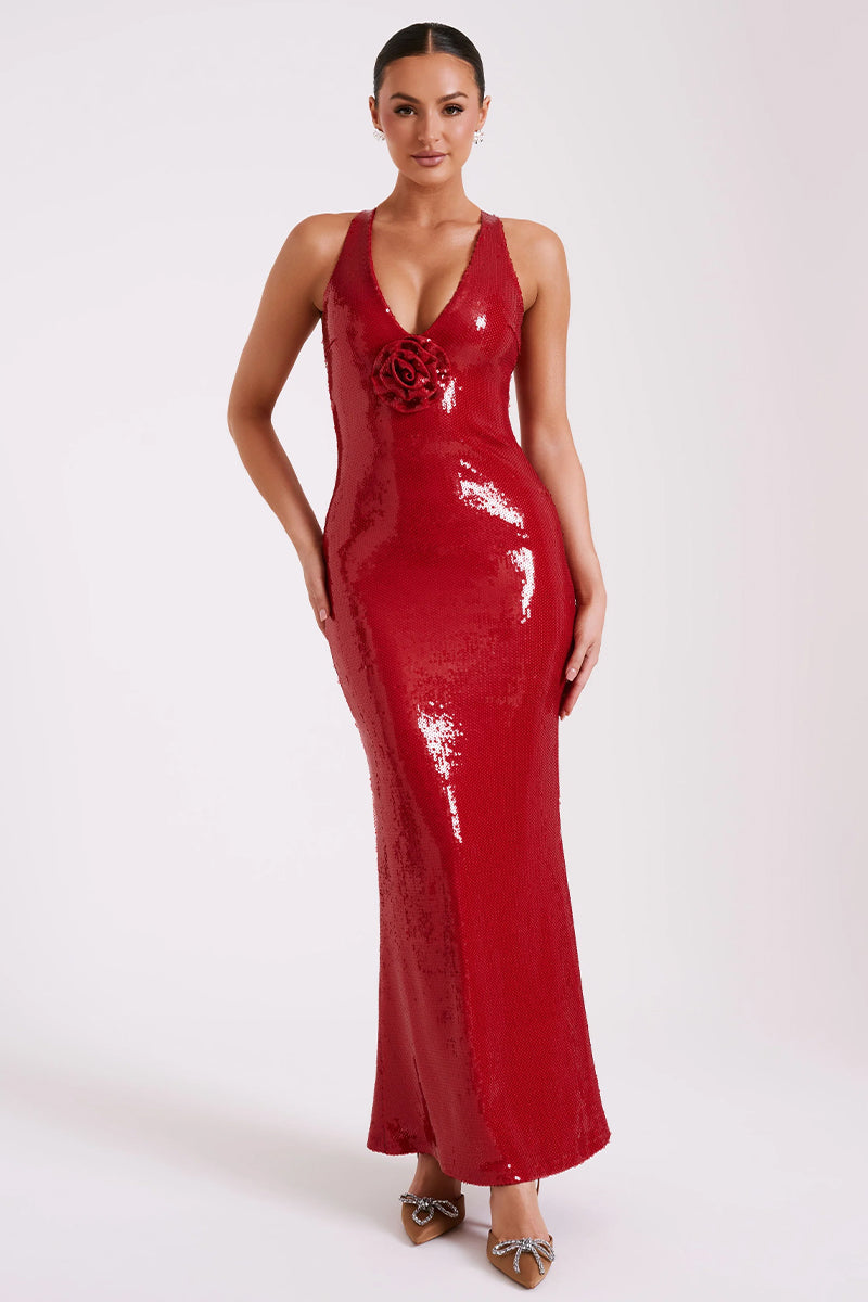 Mesmerizing Arrival Backless Sequin Maxi Dress | Jewelclues #color_red