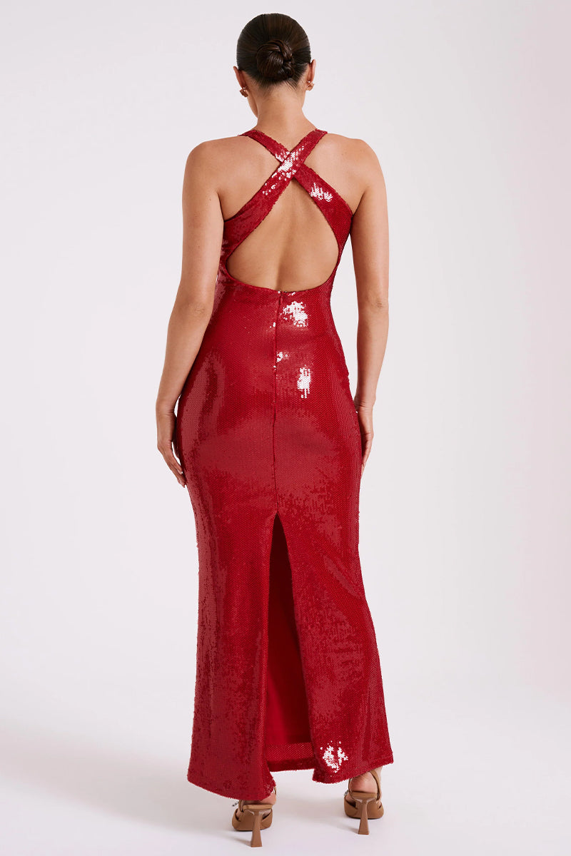 Mesmerizing Arrival Backless Sequin Maxi Dress | Jewelclues #color_red