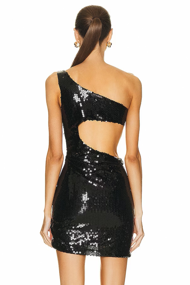 Mesmerizing Black Sequin Cutout One-Shoulder Bodycon Mini Dress | Jewelclues