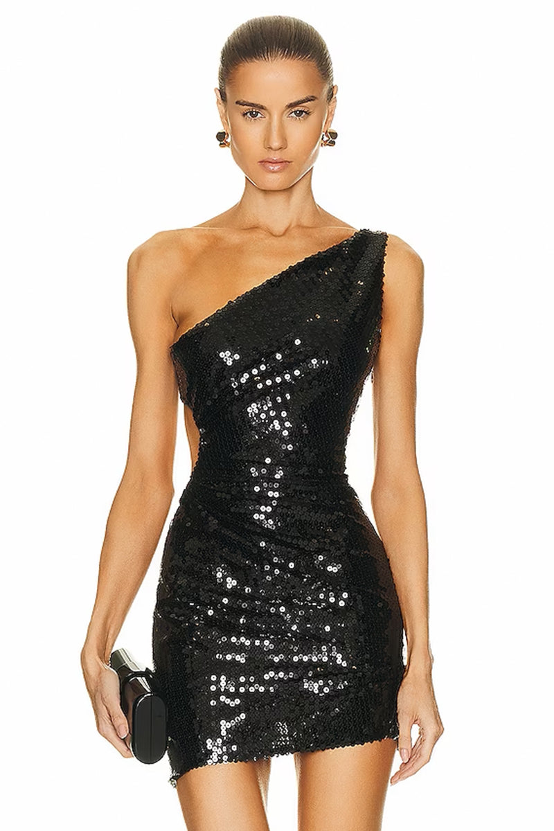 Mesmerizing Black Sequin Cutout One-Shoulder Bodycon Mini Dress | Jewelclues