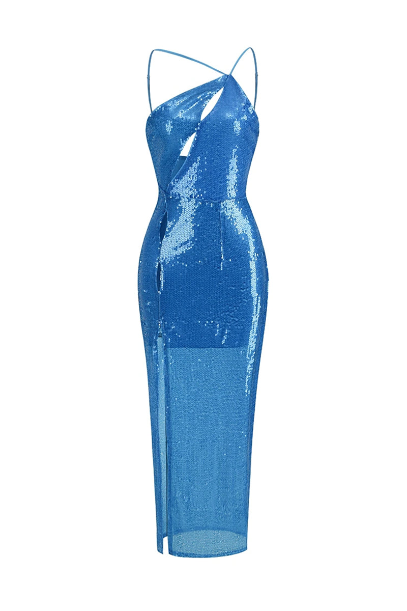 Mesmerizing Sky Blue Sequin One-Shoulder Maxi Dress | Jewelclues 