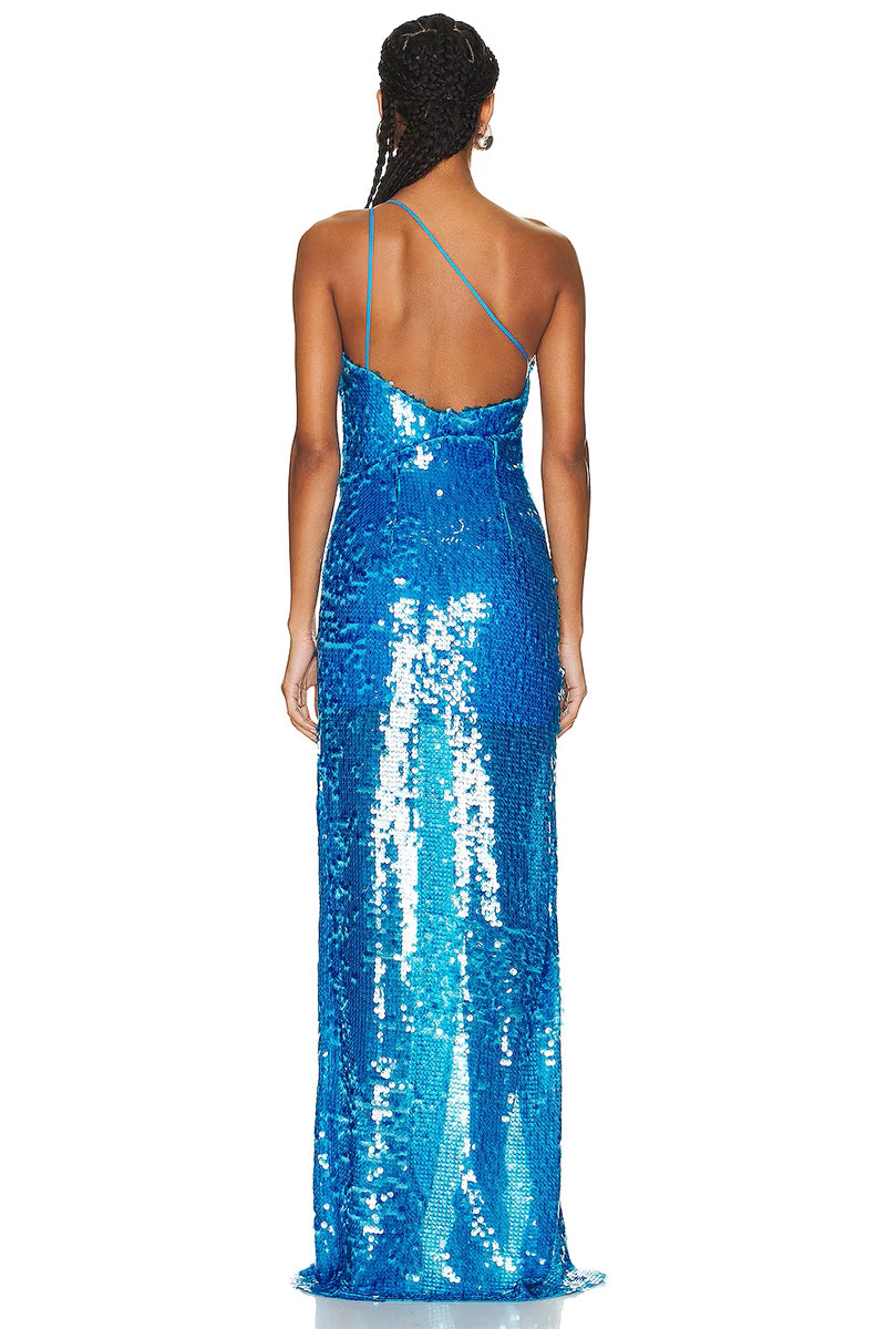 Mesmerizing Sky Blue Sequin One-Shoulder Maxi Dress | Jewelclues 