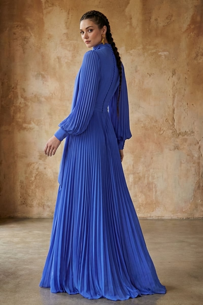 Noelani Pleated Georgette Maxi Dress | JewelClues #color_blue