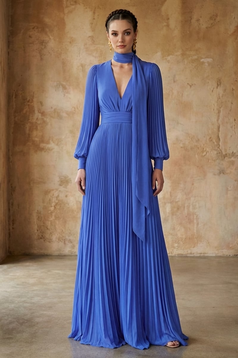 Noelani Pleated Georgette Maxi Dress | JewelClues #color_blue