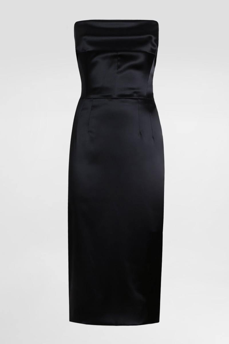 Noir Strapless Satin Midi Dress | Jewelclues