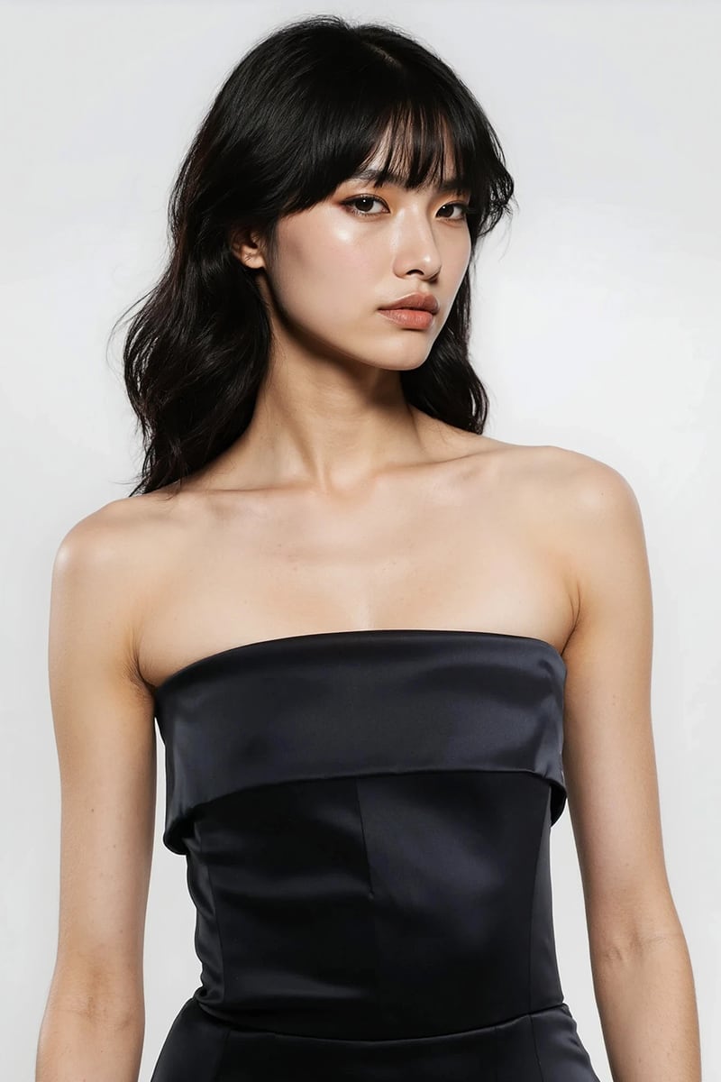 Noir Strapless Satin Midi Dress | Jewelclues