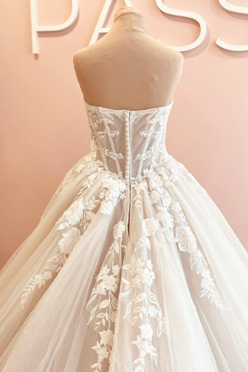 Norma Lace Applique Strapless A-line Wedding Dress | Jewelclues