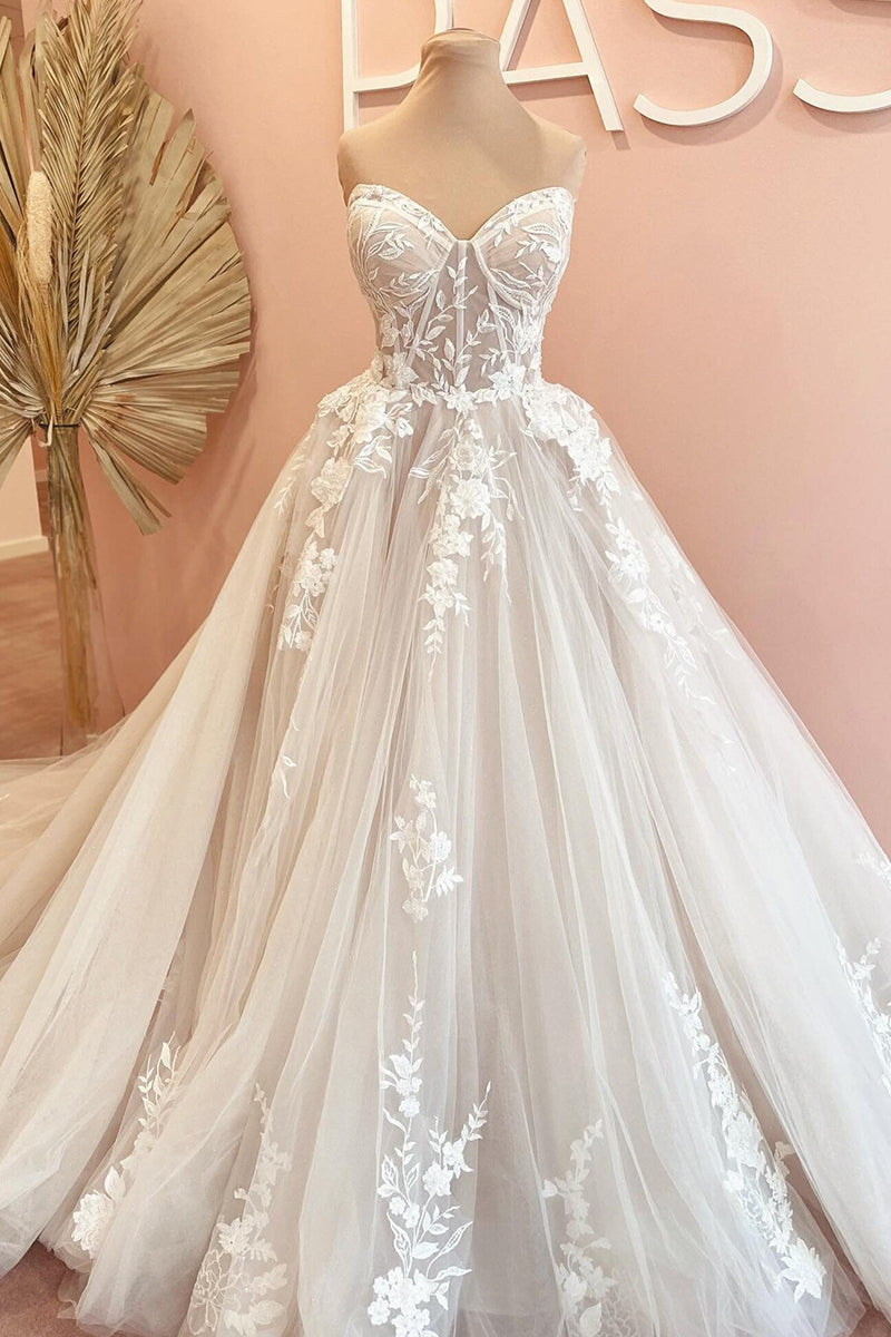 Norma Lace Applique Strapless A-line Wedding Dress | Jewelclues