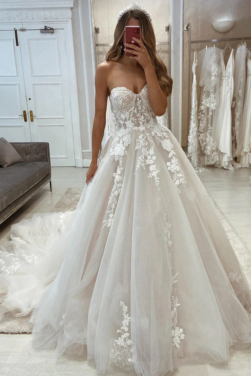 Norma Lace Applique Strapless A-line Wedding Dress | Jewelclues