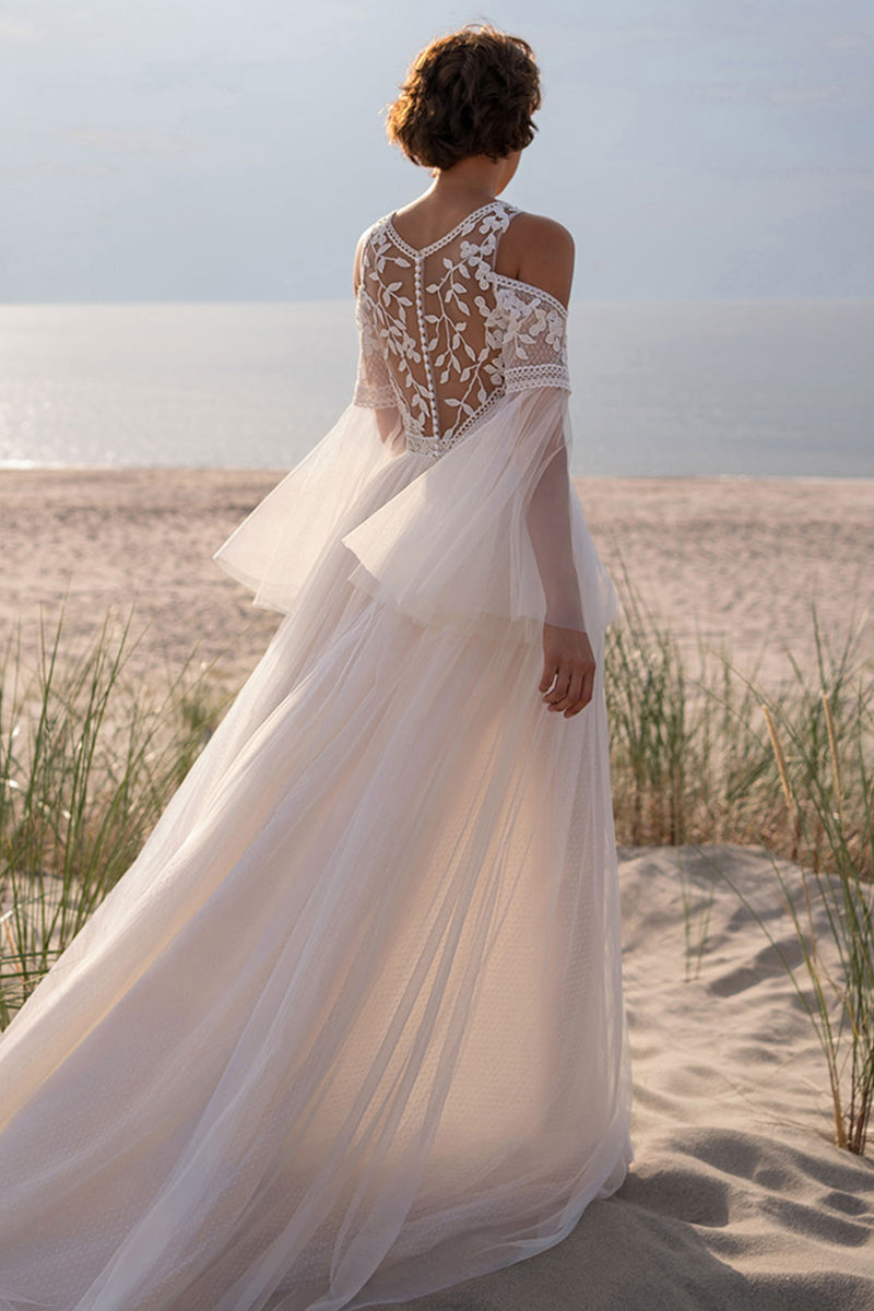 Olena Long-Sleeve Lace Applique Wedding Dress | Jewelclues