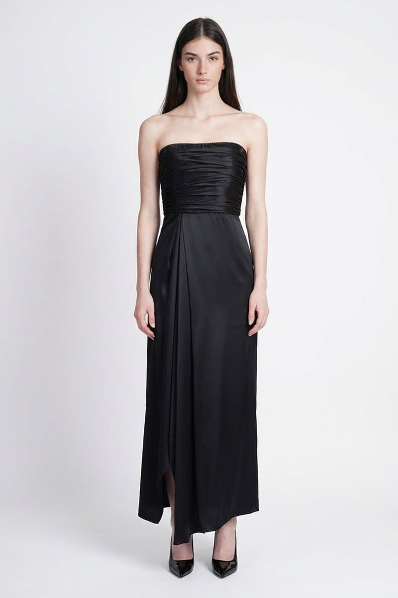 Opal Studded Strapless Satin Gown | JewelClues