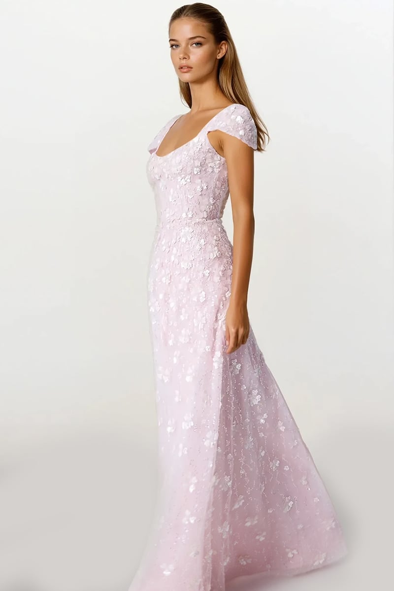 Ophelia Sequin-Embroidered Tulle Maxi Dress | Blush Pink Gown | Jewelclues