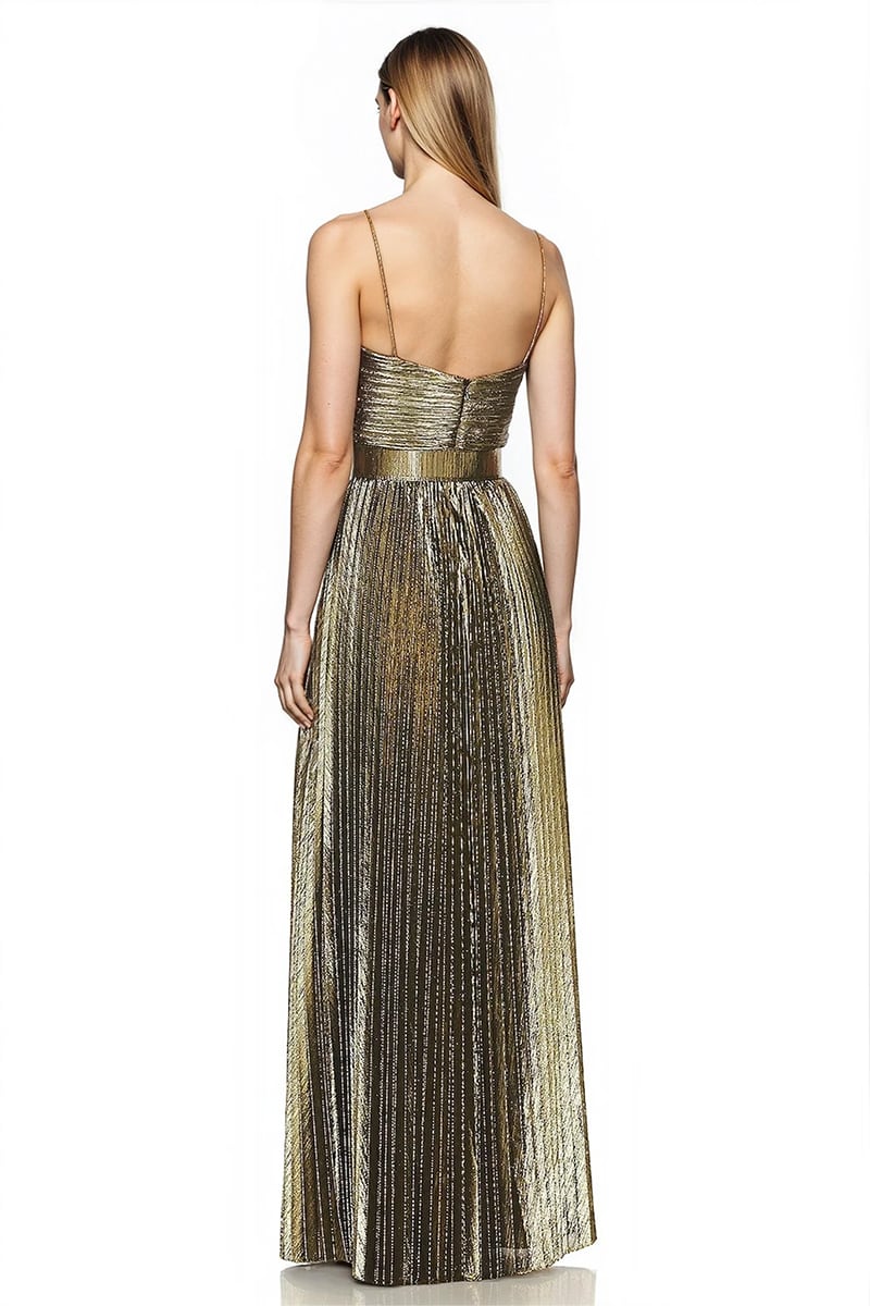 Orla Metallic Gold Pleated Maxi Dress | Jewelclues