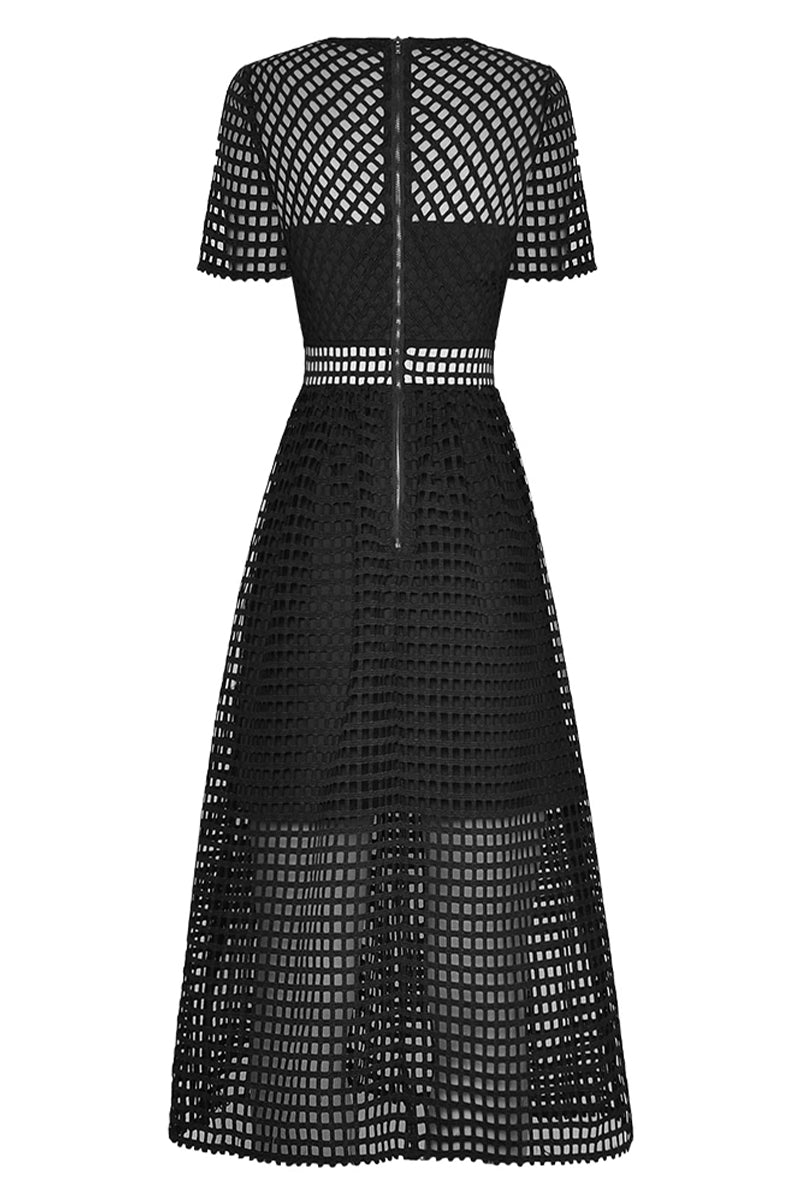 Perfect Evening Black Grid Lace Midi Dress | Jewelclues