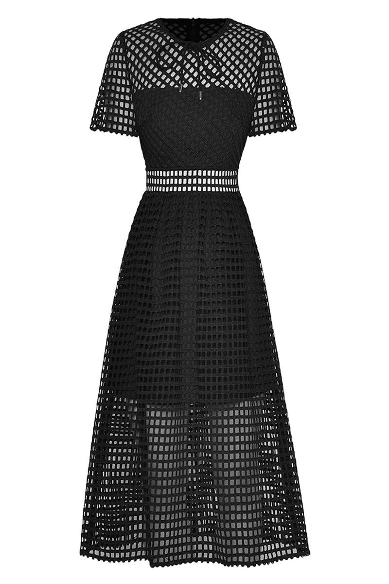 Perfect Evening Black Grid Lace Midi Dress | Jewelclues