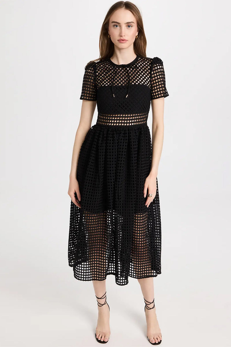 Perfect Evening Black Grid Lace Midi Dress | Jewelclues