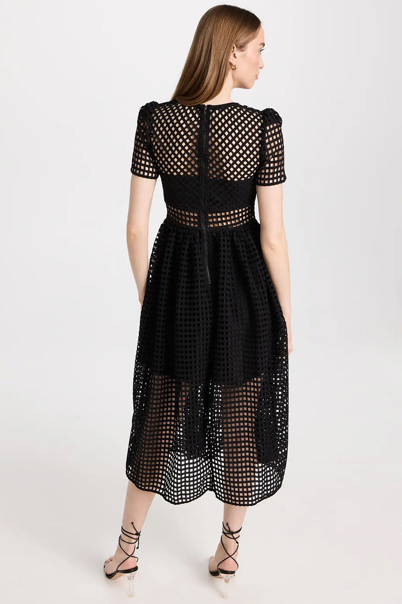 Perfect Evening Black Grid Lace Midi Dress | Jewelclues