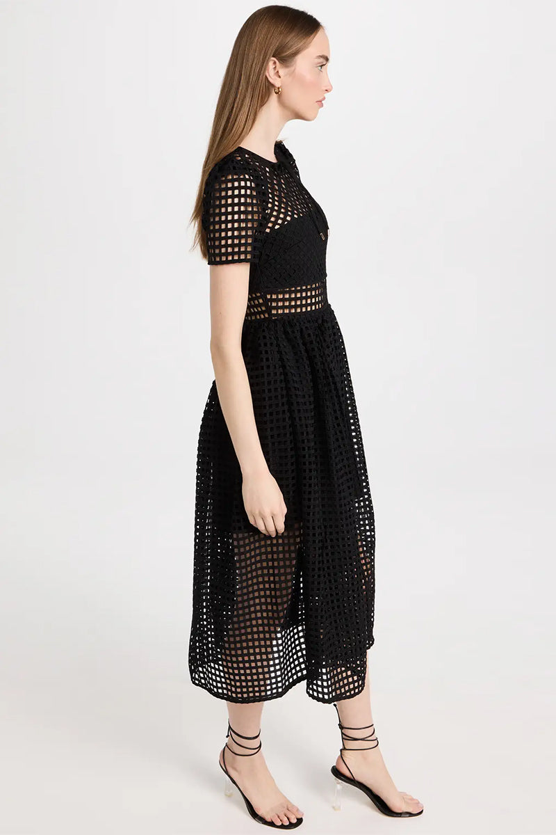 Perfect Evening Black Grid Lace Midi Dress | Jewelclues