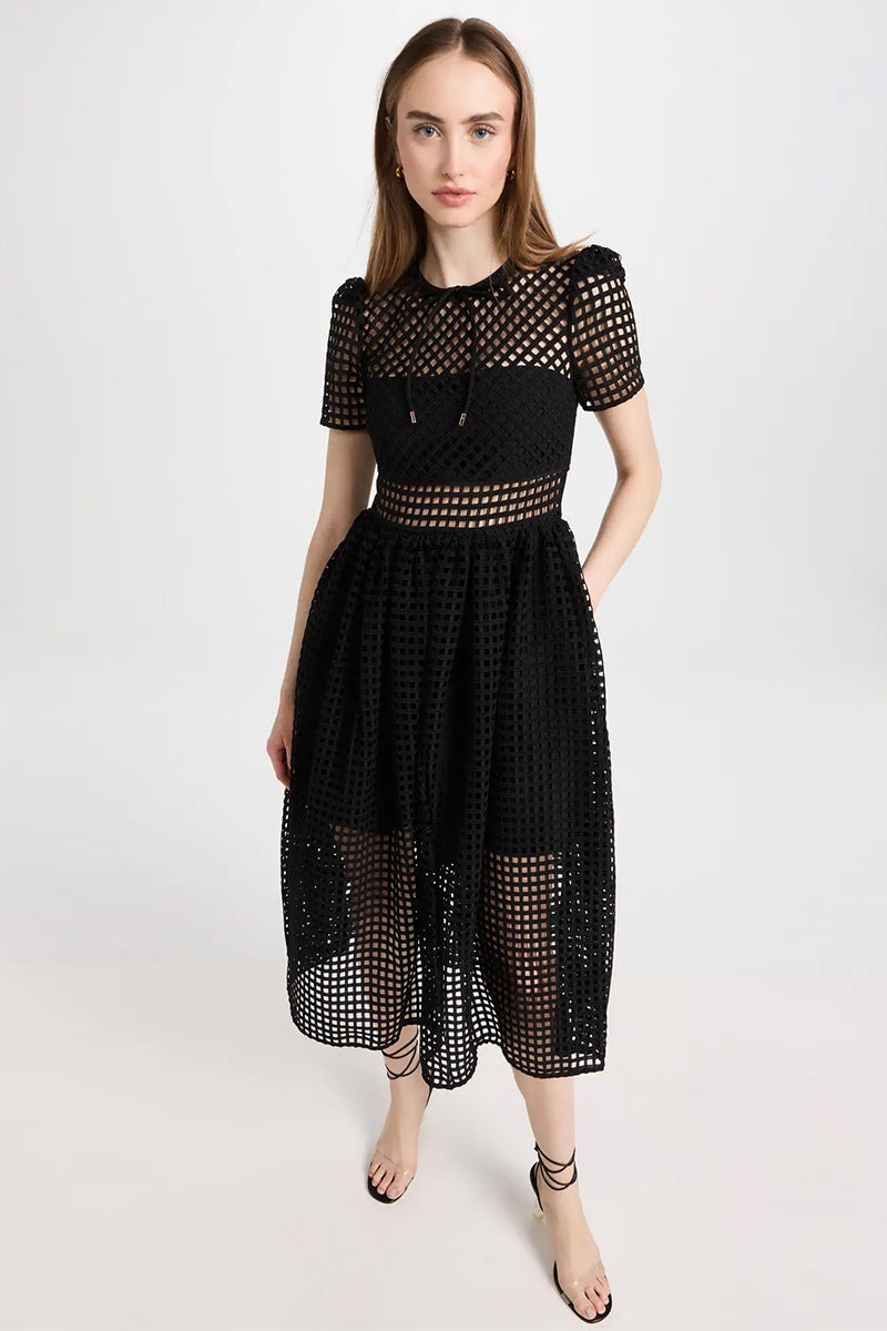 Perfect Evening Black Grid Lace Midi Dress | Jewelclues