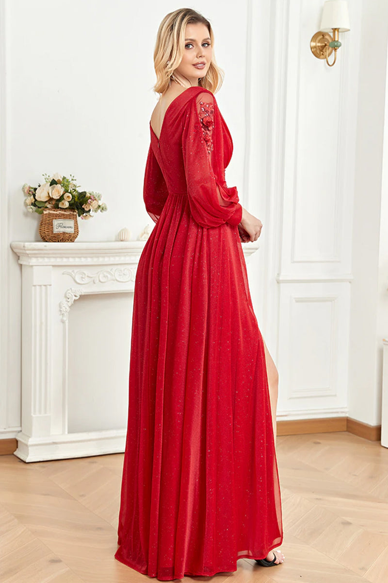 Perfectly Classy Long Sleeve Sparkly Maxi Dress | Jewelclues | #color_red