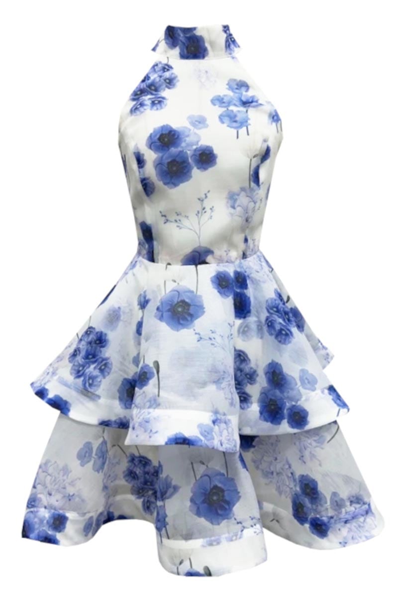 Perfectly Flirtatious Blue Floral Halter Mini Dress | Jewelclues