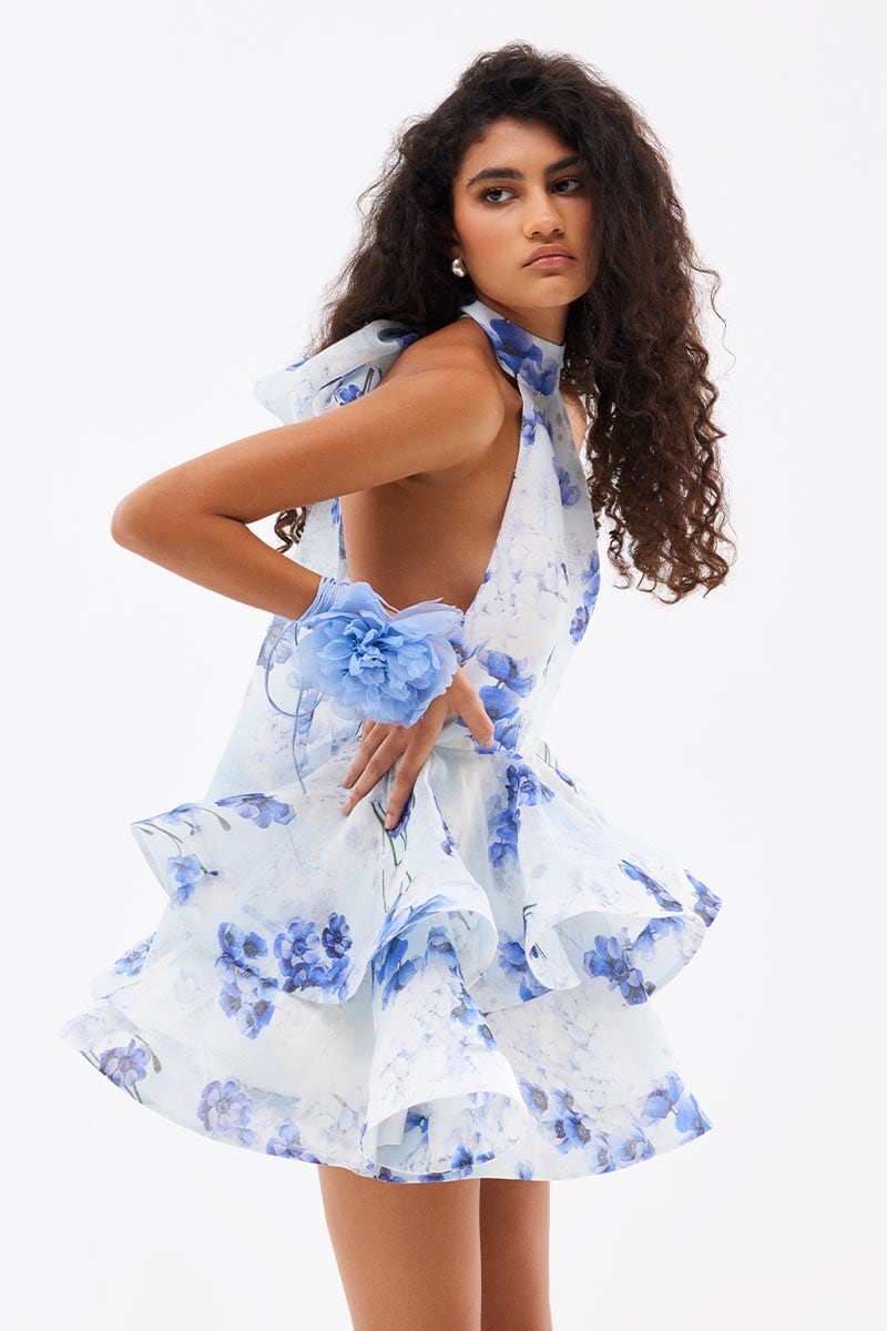 Perfectly Flirtatious Blue Floral Halter Mini Dress | Jewelclues