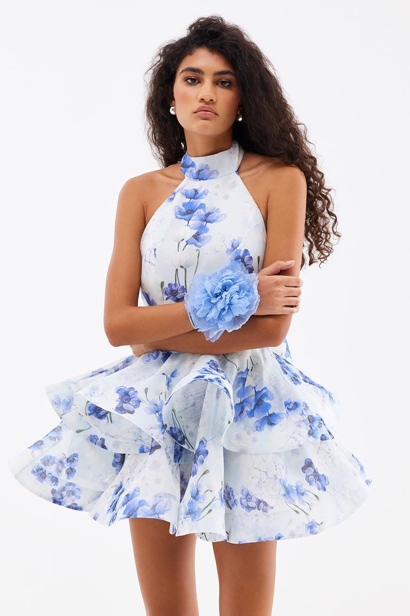 Perfectly Flirtatious Blue Floral Halter Mini Dress | Jewelclues