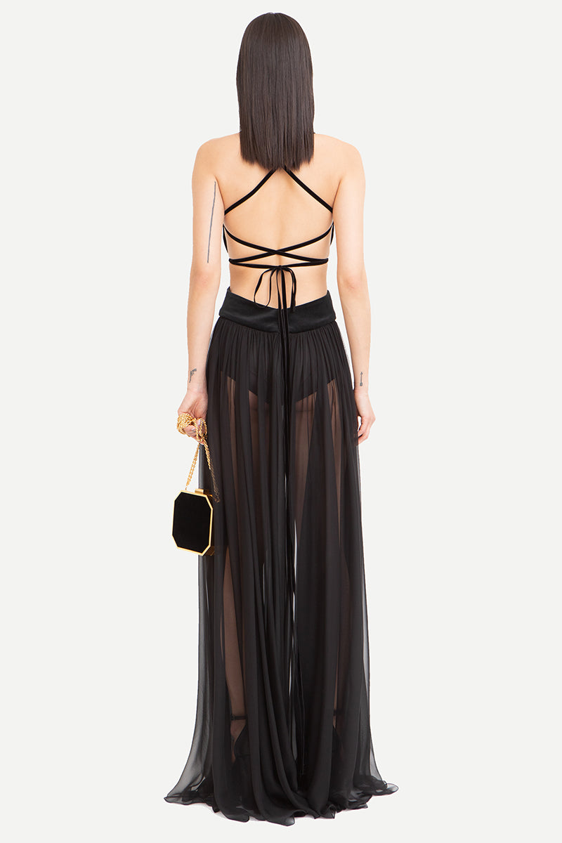 Philomena Sheer Black Backless Maxi Dress | Jewelclues