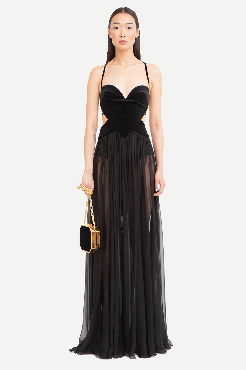 Philomena Sheer Black Backless Maxi Dress | Jewelclues