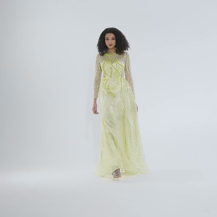 Romina Beaded Long Sleeve Gown | Jewelclues #color_chartreuse