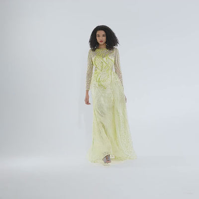 Romina Beaded Long Sleeve Gown | Jewelclues #color_chartreuse
