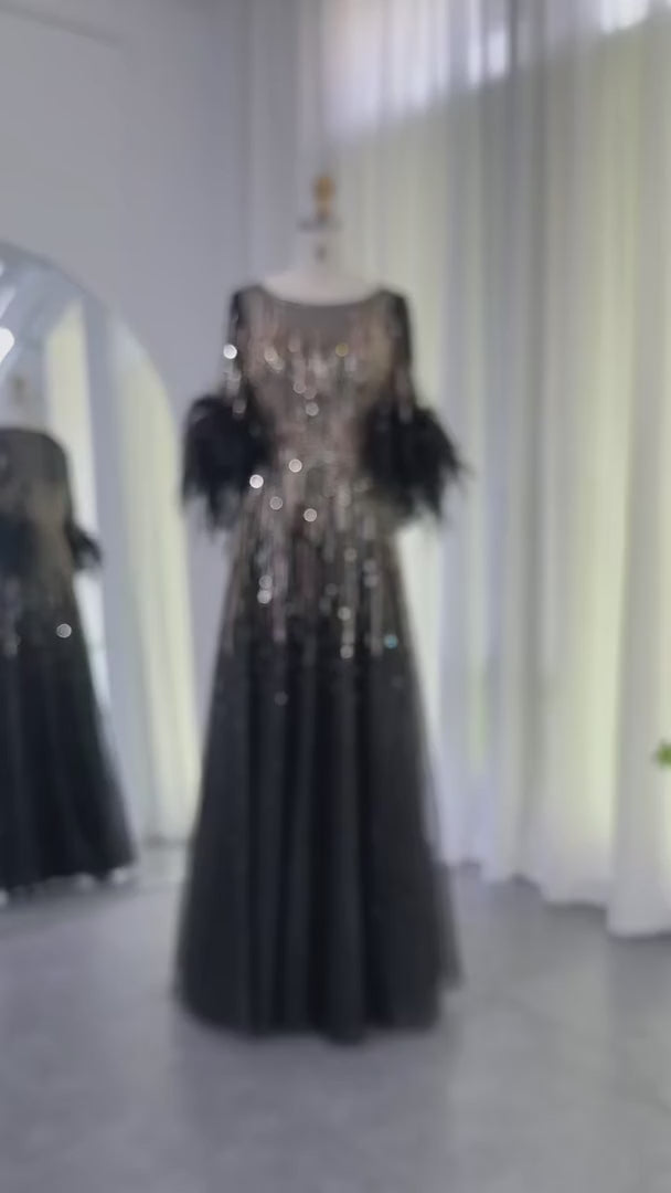 Evening Poem Sequin Feather Maxi Dress | Jewelclues #color_black
