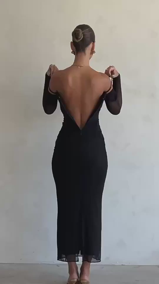 Zahra Long Sleeve Open Back Mini Knit Dress - Black - MESHKI