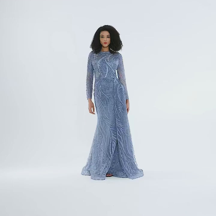 Romina Beaded Long Sleeve Gown | Jewelclues #color_slate blue