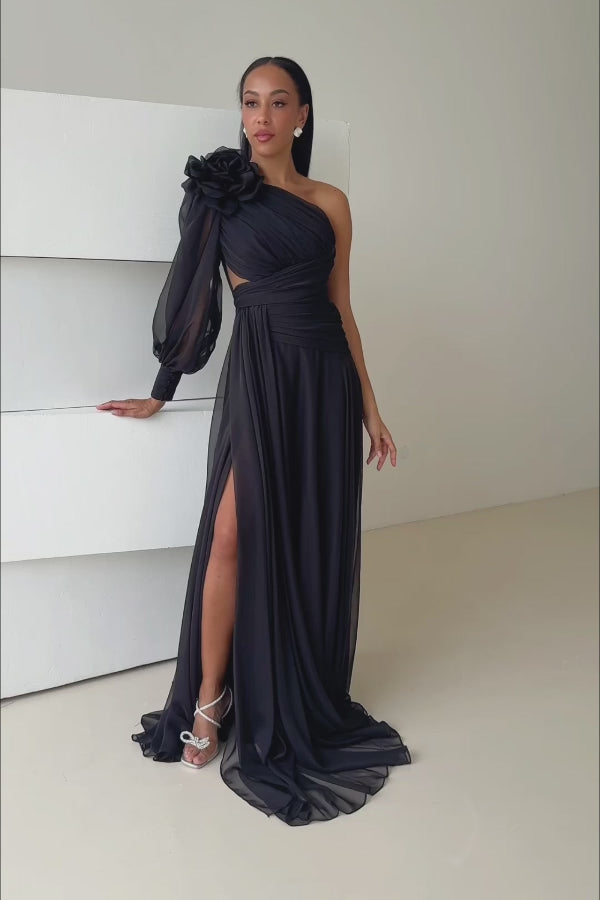 Adena Black One-Shoulder Maxi Dress | Jewelclues