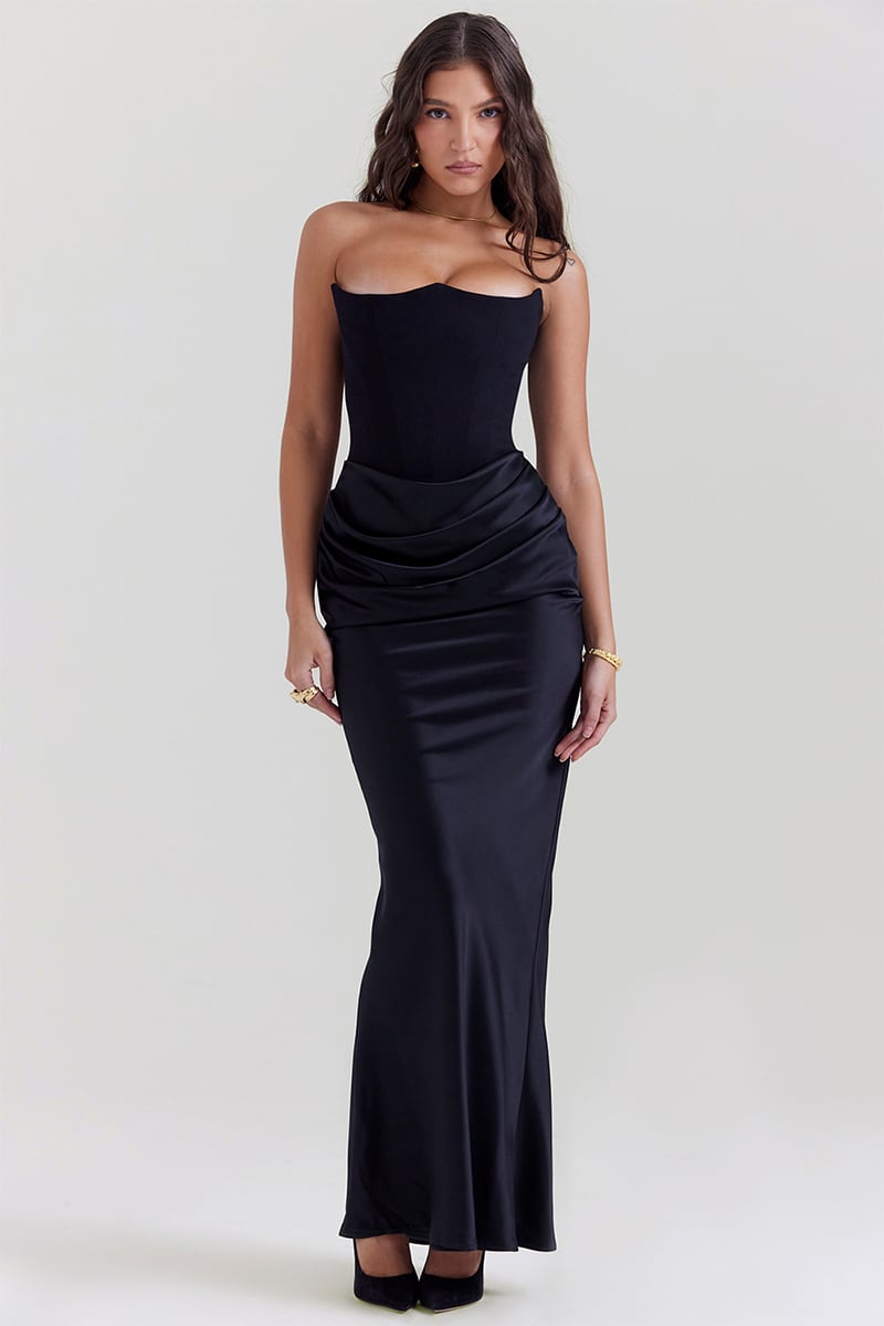 Reeta Black Strapless Corset Maxi Dress | Jewelclues